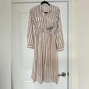 Long Sleeve Boho Work Casual Chic Belted A-Line Midi Dress Fall Spring Pockets
